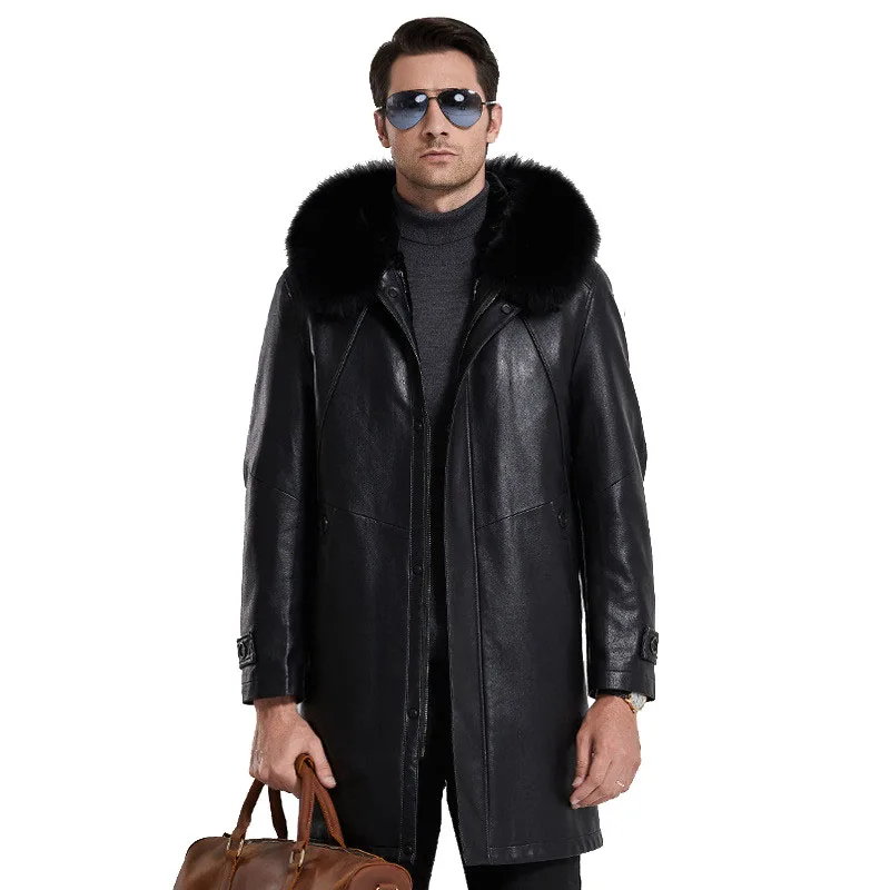 Black Fox fur collar Новинка, Мужская Меховая куртка с капюшоном, большой размер, Воротник из лисьего меха, кожаная мужская Толстая куртка со съемной подкладкой, больше размеров M-3XL 4XL - Цвет: Black Fox fur collar