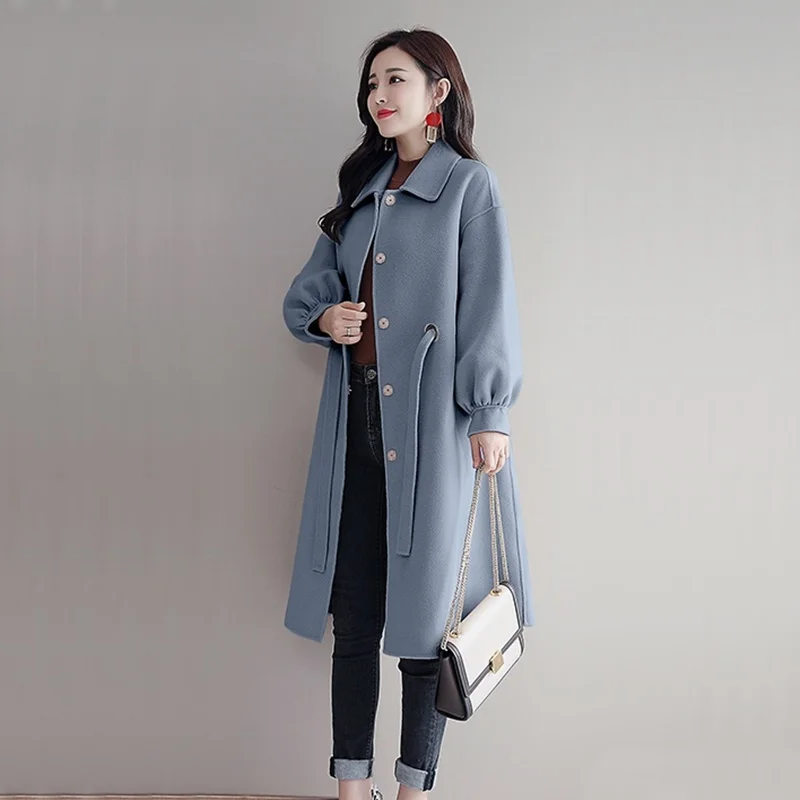 Long Elegant Wool Blends Coat Women Winter Casual Turndown Lace-Up Woolen Coat Korean Vogue Lantern Sleeve Warm Outerwear AA5080 - Цвет: 1