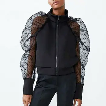 

Stand Collar Jackets Women Fashion Translucent Long Sleeve Coats Women Elegant Zipper Solid Jackets Female Ladies HG