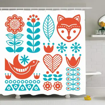 

Shower Curtain Set with Hooks 66x72 Finnish Fox Square Green Swedish Inspired Folk Nfinnish Norwegian Pattern Vintage Orange