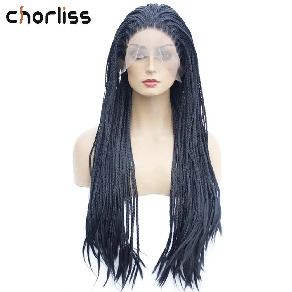 

Long Straight Natural Black Pink Braided Box Braids Wig Colored Women Synthetic Lace Front wig Chorliss Glueless Heat Resistant