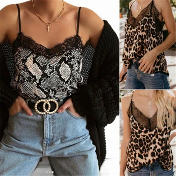 

Women Sexy LaceCrop Tops Leopard Snakeskin Printed Camis Tank Top Patchwork Sleeveless Female Tee Shirt Streetwear