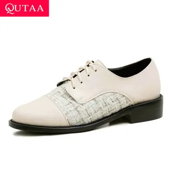 

QUTAA 2020 Patchwork PU Leather Cloth Round Toe Ladies Pumps Lace Up Square Heel Spring Autumn Women Single Shoes Big Size 34-43