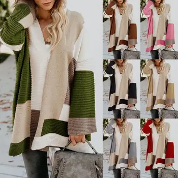 

Women Open Front Cardigan Color Block Long Sleeve Loose Knit Lightweight Sweater