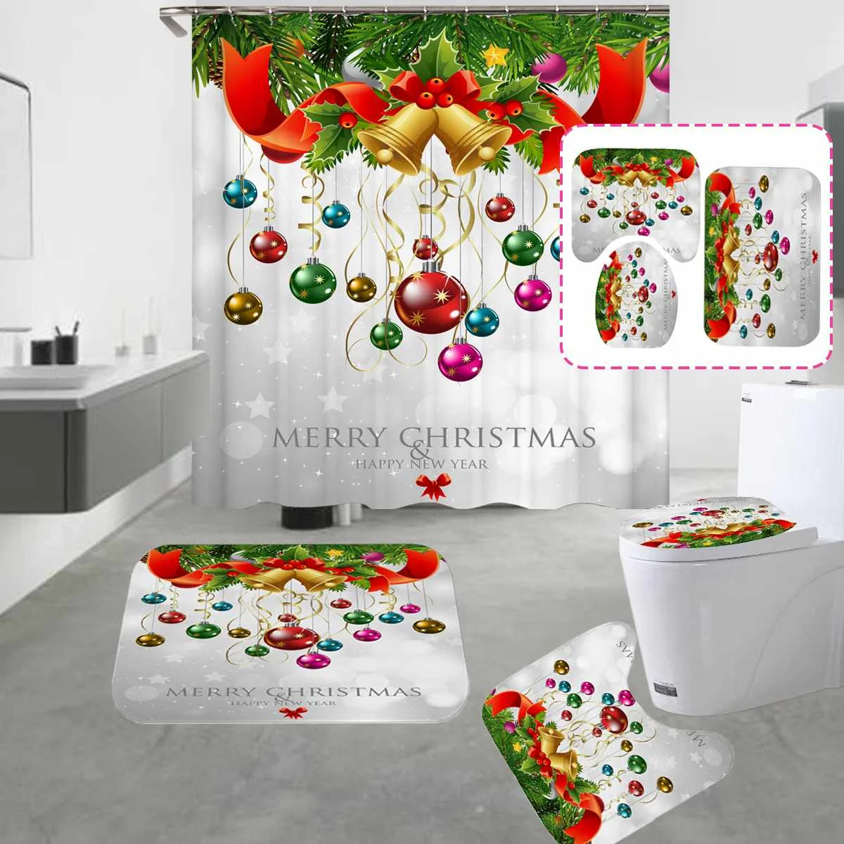 Веселый Рождественский узор, набор для ванной комнаты, тканевая занавеска для душа, Противоскользящий коврик для ванной, набор, Рождественский колокольчик, дерево, Санта, крышка для унитаза