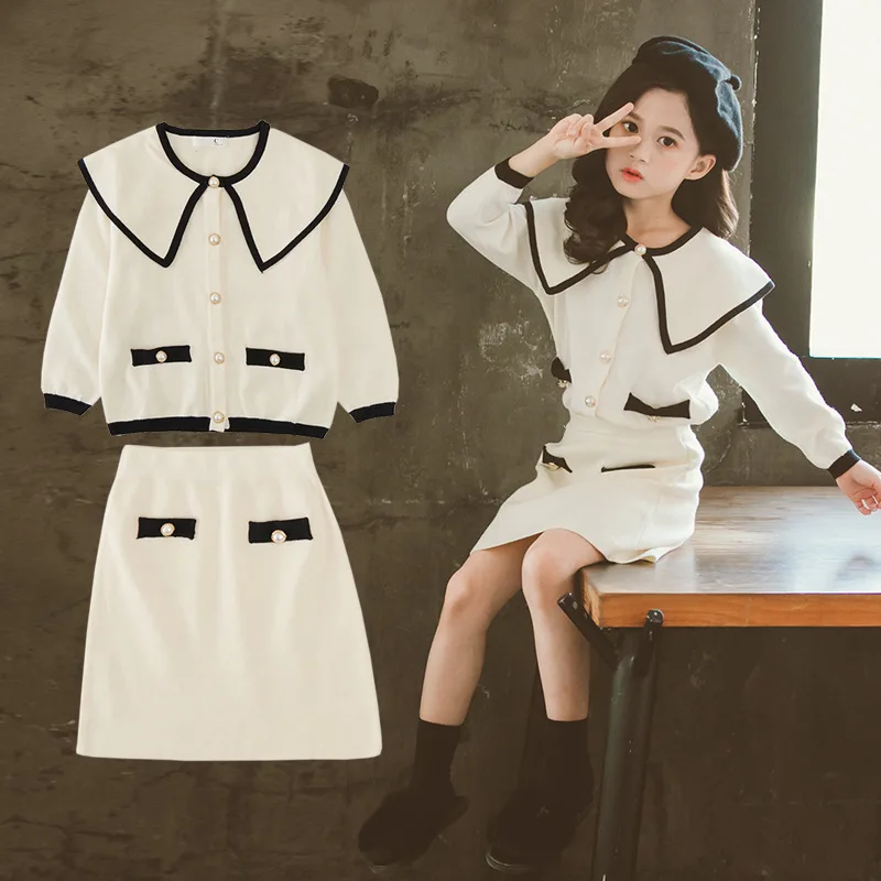 

Autumn 2019 New Girls Clothing Sets Casual Long Sleeve Lotus leaf collar Knitting Jackets+Skits 2Pcs Suits for Kids Clothes