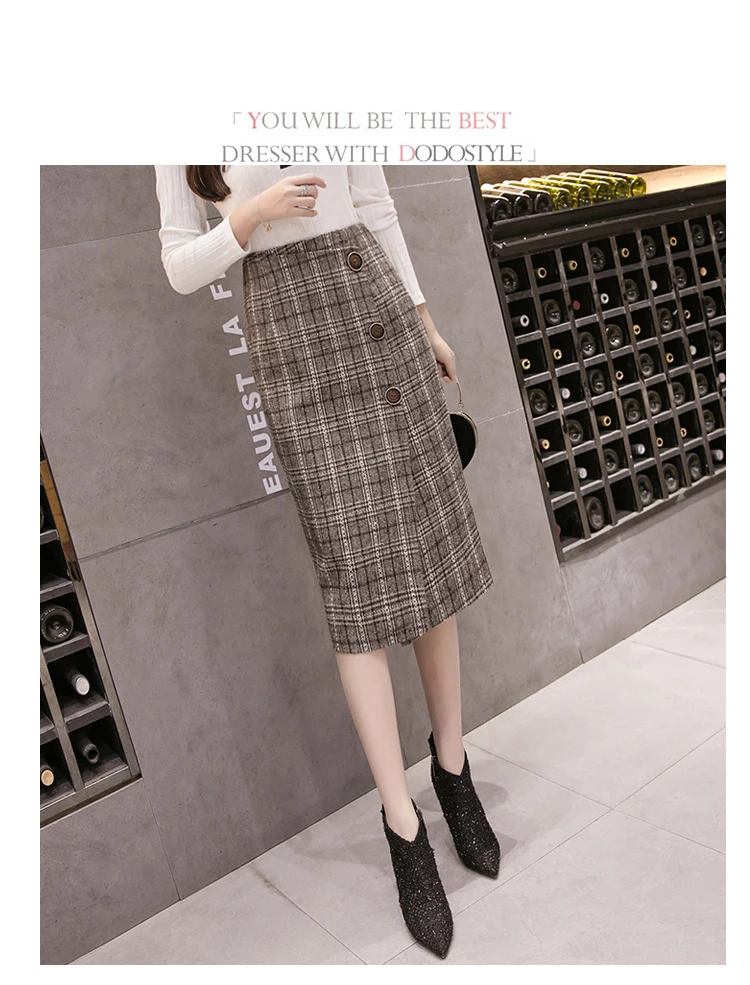 KINOMI Autumn Winter Women's Vintage Woolen Plaid Midi Skirts High Waist Sheath Pencil Knee-Length Wrap Skirts Female New