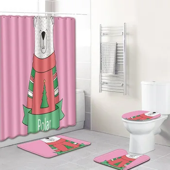 

Cartoon Bear Rabbit Floor Mat Shower Curtain Bathroom Non-Slip Mat 4pcs Bath Mat Set Anti Slip Bathroom Carpet Toilet Mat Set