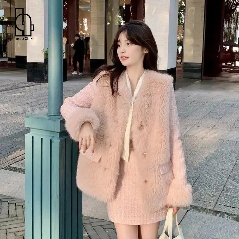 2021 Women Autumn Winter Loose Warm Tweed 2 Piece Set Female Plaid Jacket + Mini Pencil Wool Skirt Suits Lady Elegant |