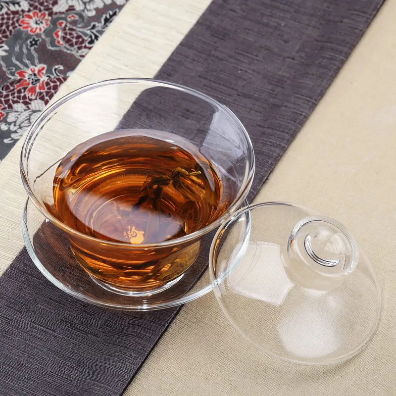 Glass Tea Cup and Tea Lid Set Transparent Gaiwan Chinese Teaset Sancai Bowl Single Thick Heat-Resistant Cover