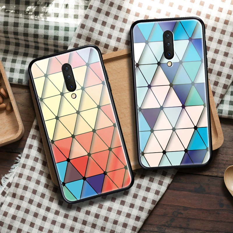

Tempered Glass Phone Case For Oneplus 7 7 Pro 6 6T 5 5T 3D Colorful Grid Soft Edge Cover