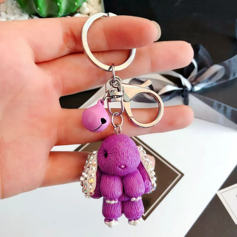 Purple Милый Хрустальный брелок для ключей кролик Банни Женский Шарм сумка брелок кукла автомобиль кольцо для ключей вечерние ювелирные изделия в подарок 3066 - Цвет: Purple