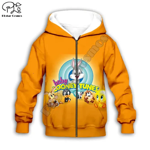 Детские толстовки с капюшоном с изображением кролика Looney Tunes 3D толстовки с рисунком детский спортивный костюм на молнии для маленьких мальчиков и девочек, футболка и штаны - Цвет: Kids zip hoodies