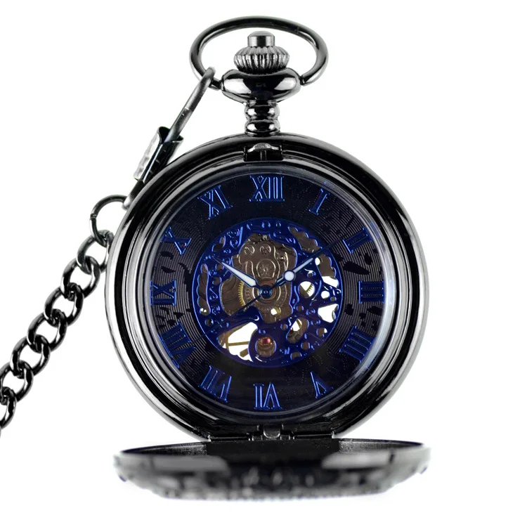 Мужские часы Античный стимпанк Скелет Классический синий цвет Механические карманные часы ожерелье цепь - Цвет: 37.5cm