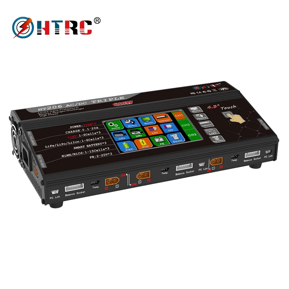 HT206 Balance Charger AC/DC Triple Port 200W*3 20A 4.3" LCD Touch Screen for Lilon/LiPo/LiFe/LiHV/Nicd/NiMh PB Battery Charger