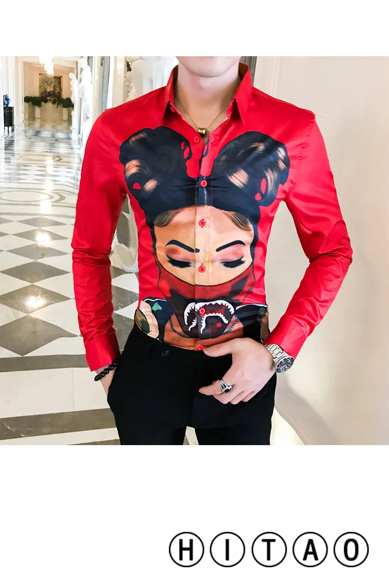 Новые Мультяшные принты мужские рубашки с длинным рукавом Camisa Masculina повседневные облегающие рубашки мужские платья уличная светская рубашка