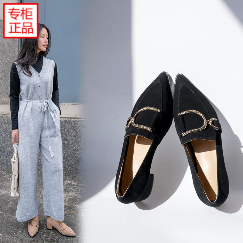 

2019 Spring New Style Shoes Women's Semi-high Heeled Genuine Leather Chunky Heel Pointed Metal Buckle Versatile Slimming Flat Lo