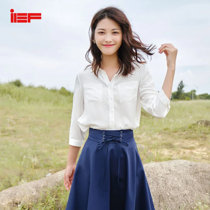 IEF Осенняя женская элегантная однотонная блузка, модная Офисная Женская приталенная рубашка с отложным воротником и коротким рукавом, топы 0601N D8555 7  on AliExpress 