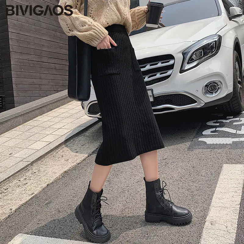 BIVIGAOS Осень-зима Новые вязаные юбки для женщин высокая талия миди ...