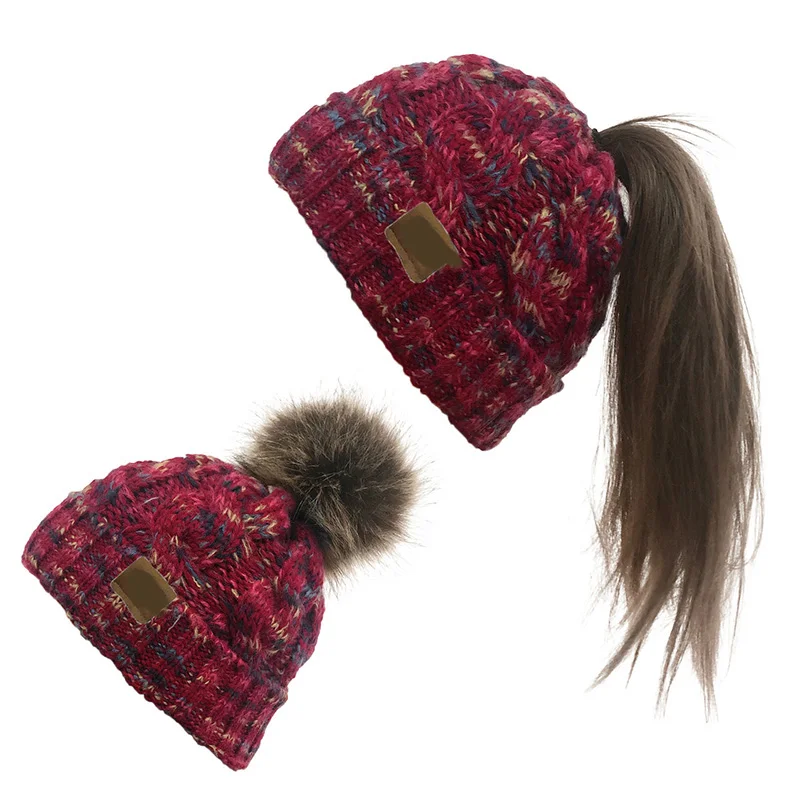 Женская Зимняя Шапка-бини CC с искусственным мехом, помпонами, помпонами, хвостиком, Шерстяная кепка вязаная шапка для девочек, Шапка мягкая теплая, крученая, женская шапка