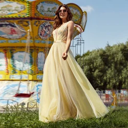 Floor Length Tulle Prom Dress Dots V Neck Sleeveless A Line Homecoming Party Gown For Woman Backless With Sashes Robe De Soriee