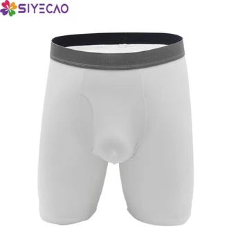 

2020 New Men Long Underwear Transparent Ice Silk Pants Sexy Mid Rise Long Boxers Shorts Perspective Silky Panties Solid Panties
