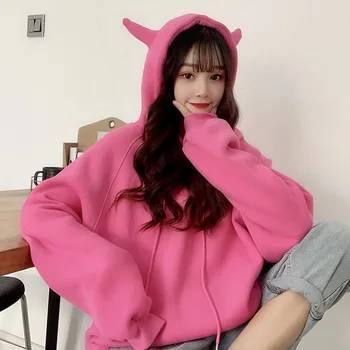 

Women Autumn Winter Japanes Style Hoodies Harajuku Print Pullover Thick Loose Women Hoodies Sweatshirt Candy Color Casual Coat