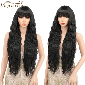 

Vigorous Long Wavy Wig With Bangs Black Synthetic Wigs for Women 30 Inches Natural Looking Heat Resistant Cosplay Party Wig