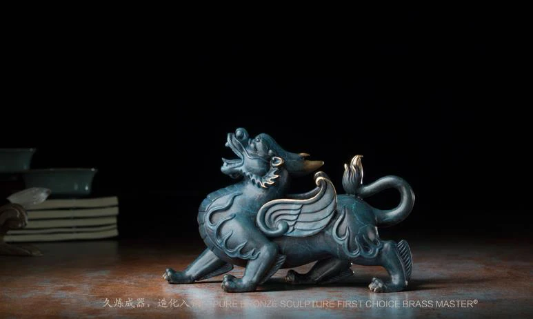 5,9 дюймов китайский арт-деко Чистая латунь Foo Dog Лев фигурка с драконом цилинь украсить скульптура