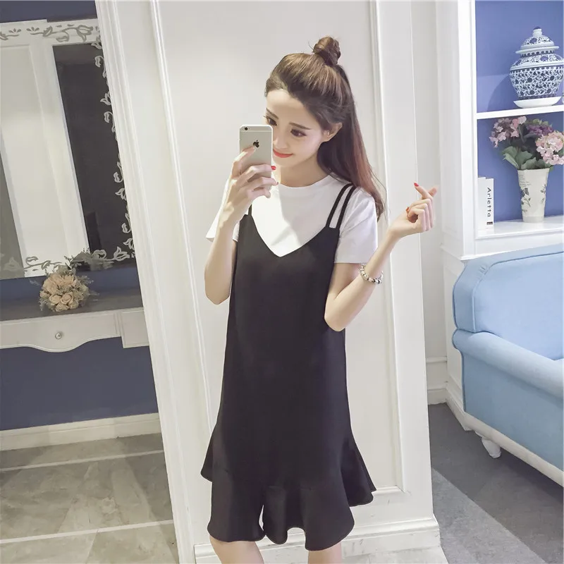

Skirt Camisole off-Shoulder Black And White with Pattern Dress Women's Large Size Slimming Mid-length T-shirt Dress