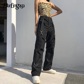 

Darlingaga Streetwear Stripe Buckle Black Cargo Pants Women Patchwork Straight Trousers Pockets Harajuku High Waist Pants Bottom