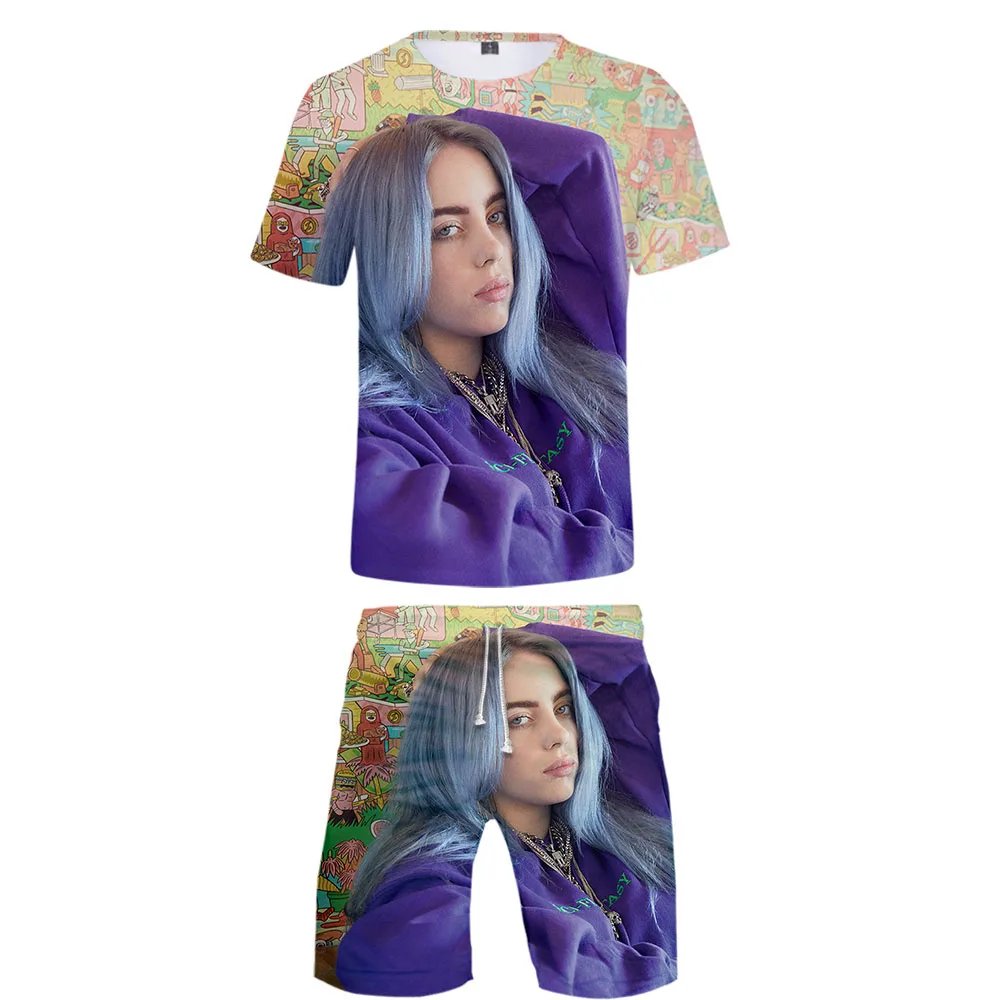 Harajuku Billie Eilish Костюм Повседневный крутой человек 2 компл. Лето Популярные хип хоп Мода High Street футболка+ короткие брюки наборы