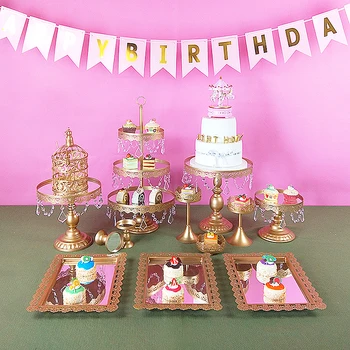 

1-17PCS Gold White mirror Cake Stand Set Round Metal Crystal Cupcake Dessert Display Tray Rack Wedding Decoration Cake Tools