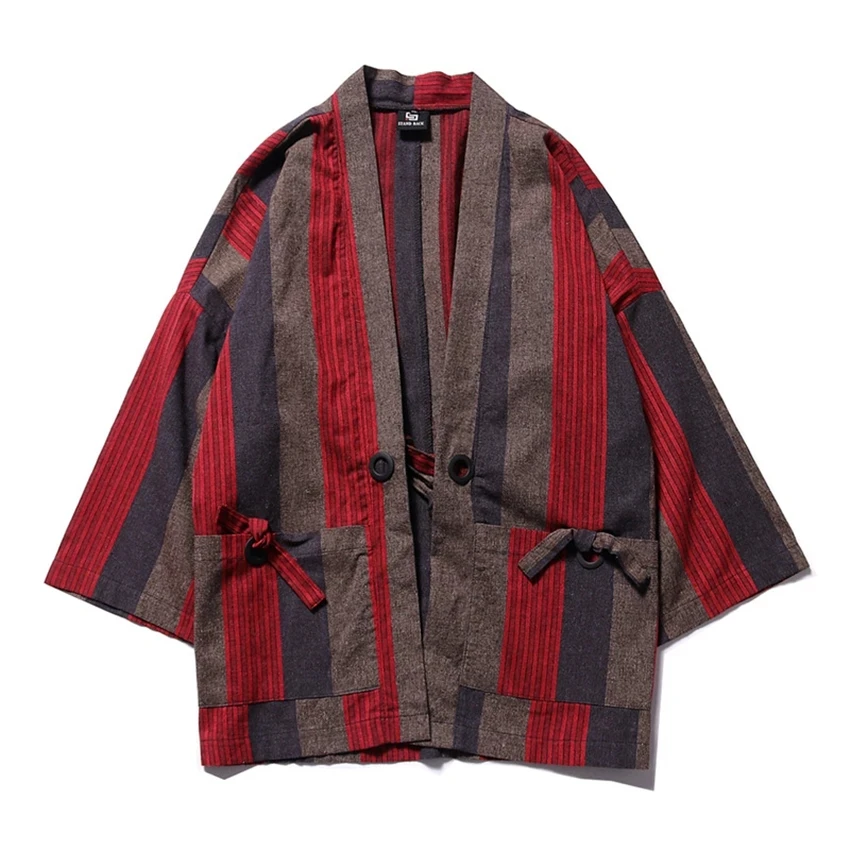

Japanese Traditional Kimono for Man Cotton Striped Retro Chinese Style Cardigan Summer Beach Wear Loose Haori Yukata