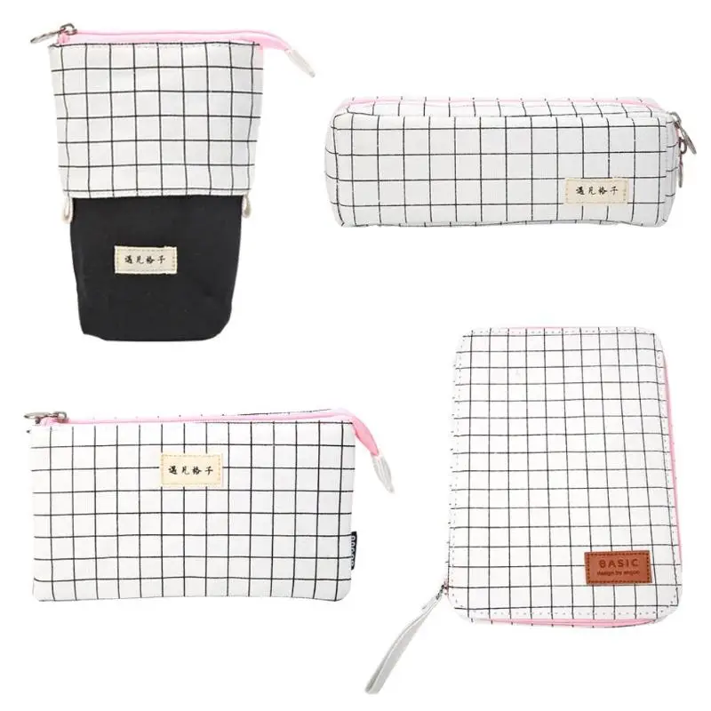

Simple Canvas Cotton Large Capacity Lattice Stationery Bag Cosmetic Pouch
