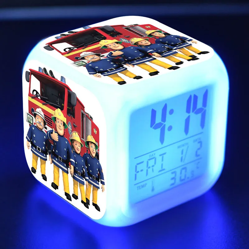 Cute Fire man Sam Anime Figure Juguetes LED Alarm Clock Colorful Touch Light Thermometer Fireman figures Toys | Игрушки и хобби