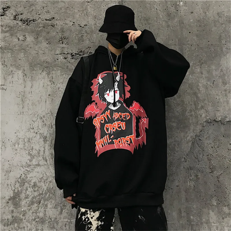 Lychee Harajuku Dark Character Letter Women Fleece Hooded Sweatshirts Spring Autumn Winter Lady Tops Casual Loose Female Hoodies