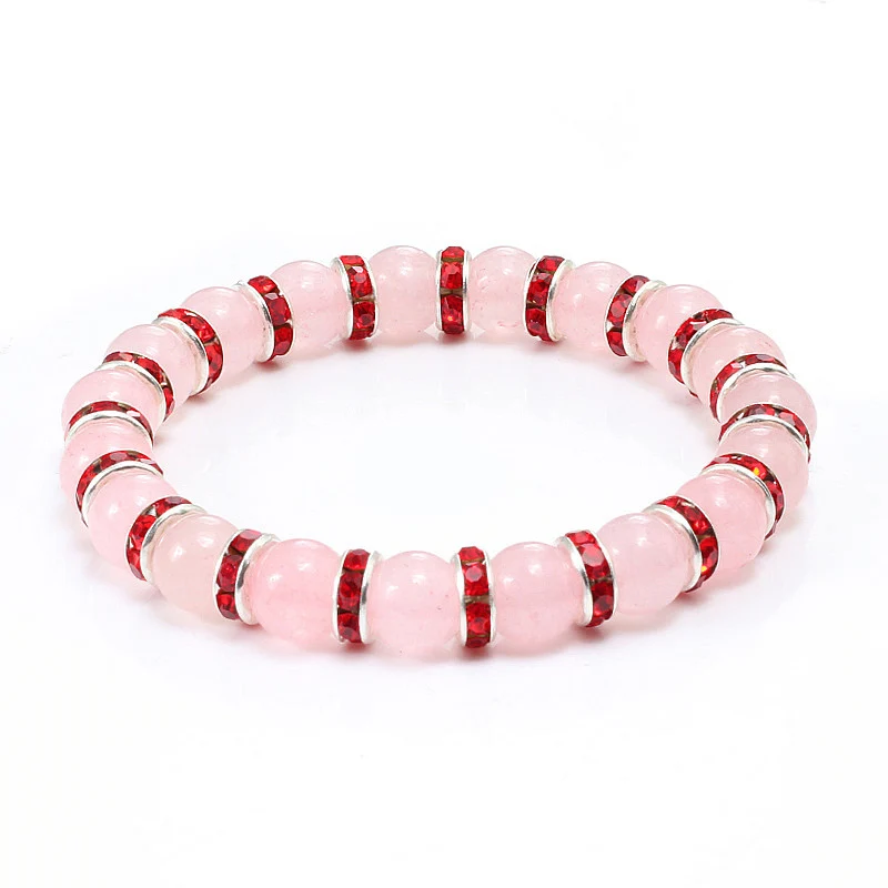 Высокое качество натуральный камень розовый бисер браслеты для женщин Strand браслеты горный хрусталь эластичные ювелирные изделия подарок для девочек - Окраска металла: Red
