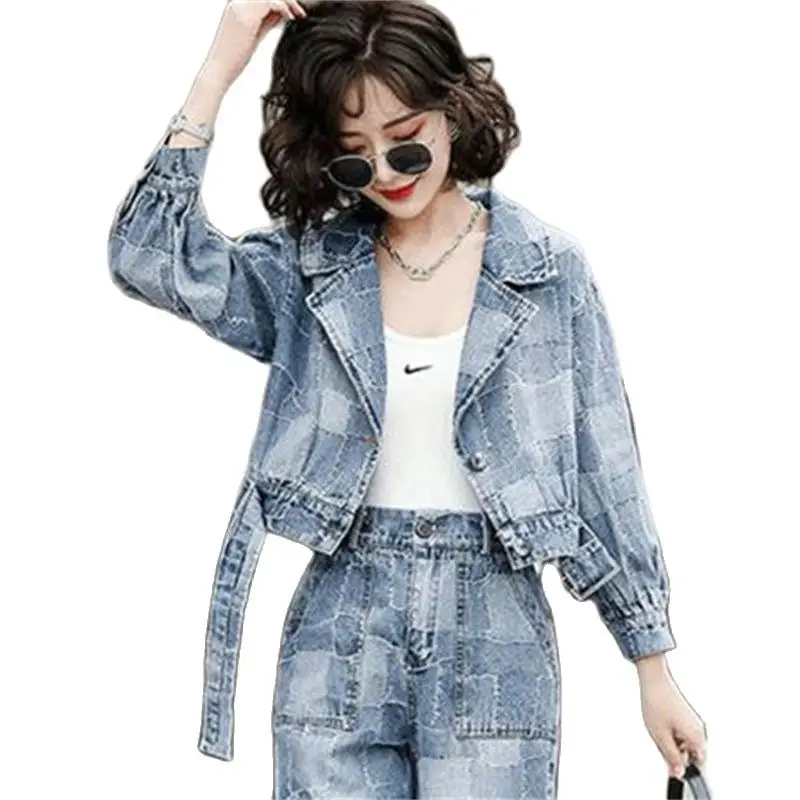 Female Fried Street Tooling Denim Suit 2023 Women Spring Autumn New Hong Kong Short Jacket Trousers Casual Two-Piece Suit A177CH semir jeans women cotton all match tapered pants slim 2023 autumn new trousers pants for woman hong kong style carrot pants