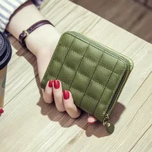 Women Short Solid Color Wallets PU Leather Female Plaid Purses Mini Card Holder Fashion Woman Small Zipper Wallet Coin Purse