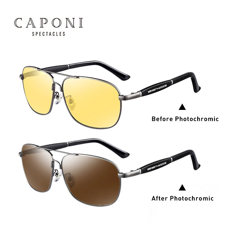 CAPONI Night Vision Sun Glasses Men Square Driving Vintage Eyewear Fashion Design Yellow Lenses Polarized Sunglasses BSYS10001 - Цвет линз: Gun Frame Color