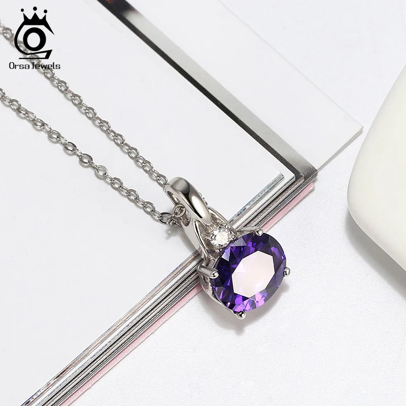 ORSA JEWELS Настоящее 925 фиолетовое скользящее овальное ожерелье с кулоном высшего класса циркониевое Стерлинговое Серебро ожерелья вечерние изысканные ювелирные изделия SN203