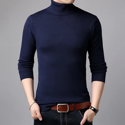 DIMUSI/осенне-зимний мужской свитер, повседневный Однотонный свитер с воротником под горло, тонкий прилегающий вязаный пуловер, одежда 3XL - Цвет: Navy Blue