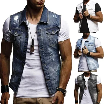 

New Men's Denim Vest Jean Jacket Waistcoat Sleeveless Trendy Slim Casual Jacket