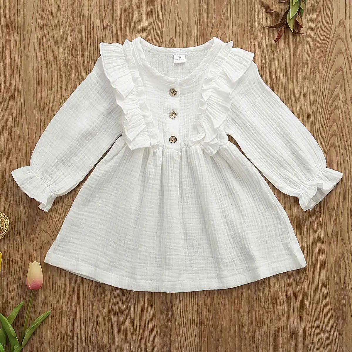 0-5Y Toddler Kids Baby Girl Autumn Dress Ruffles Long Sleeve Solid Cotton Linen Party Casual Dress Clothes