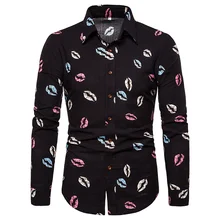 Весенние новые мужские рубашки с принтом губ Роскошные брендовые высококачественные хлопковые льняные мужские рубашки с длинными рукавами