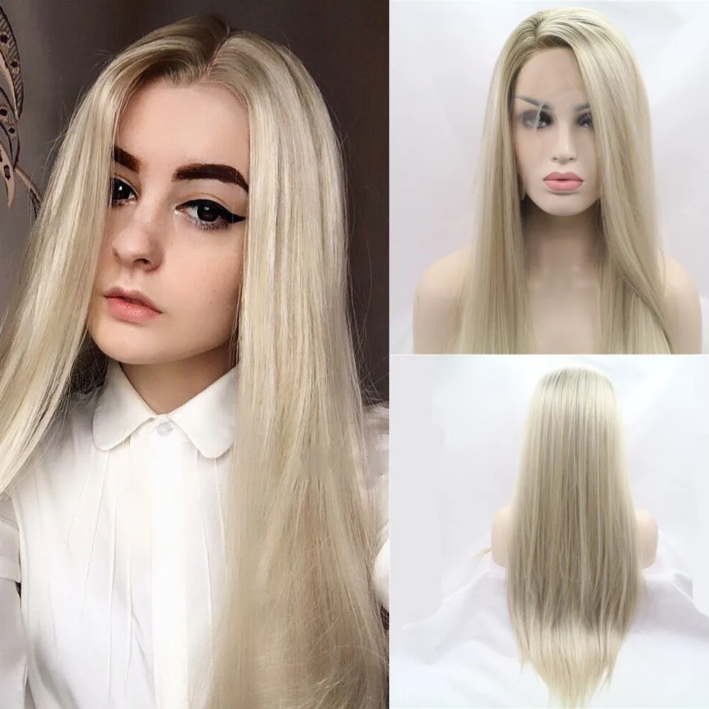 

Sylvia Heat Resistant Hair Ombre Blonde Synthetic Lace Front Wig For Women Side Part Long Silky Straight Wig Half Hand Tied