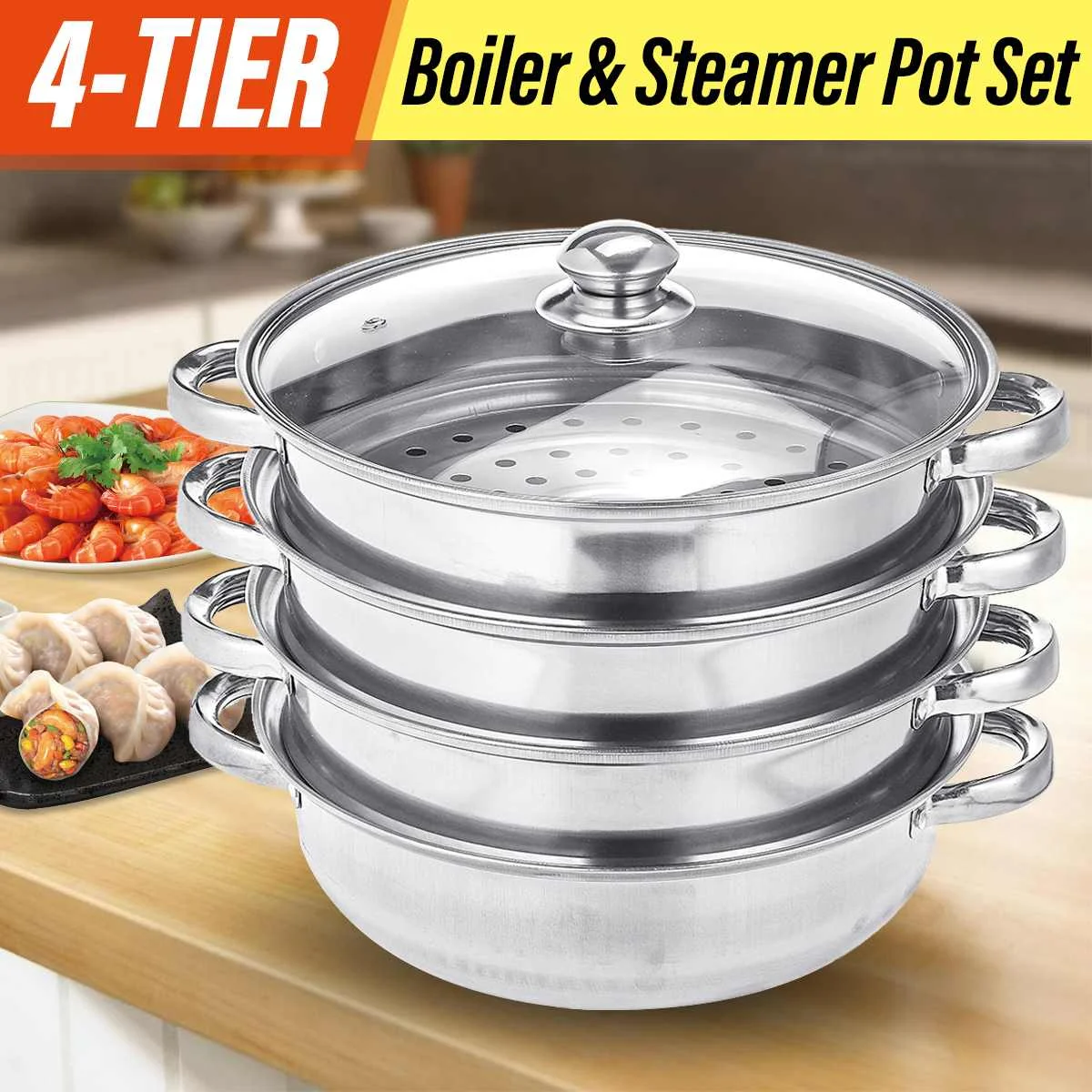 4tier steamer cooker Steam pot set Stainless Steel Kitchen cookware 32cm Hot Pot 
