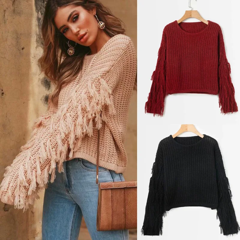 Loose Ladies Sweater Pullover 2020 Autumn Winter Jumpers Knit Sweaters Women Fringed Sleeves Tops Clothing JS0014 | Женская одежда