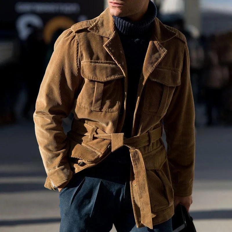 2021 new casual jacket men's pure color creative jacket single-breasted belt lapel loose comfortable top 1
